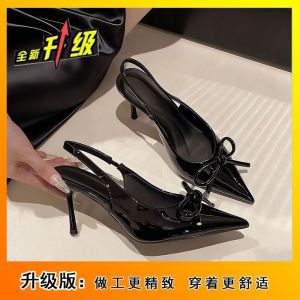 [Free Shipping] Elegant Backless Sandals For Women 2026 Autumn/Winter New Collection Featuring A Slender Heel Versatile Design A Bow Detail And A Pointed-Toe Shallow-Cut High Heel