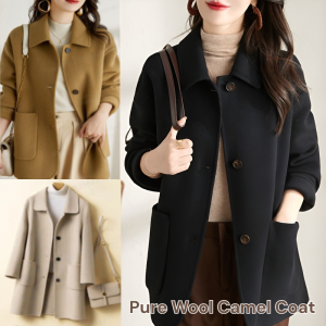 Pure Wool Camel Coat Womens High-End Fashion Long Sleeve Outerwear Autumn Winter Commute Outwear