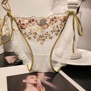OOC Trong suốt Quần lót ren thêu nơ hoa Buộc dây Đũng quần cotton Quần lót nữ LƯỚI CẠP lỡ họa tiết hoa Cay Nội y Bé gái
