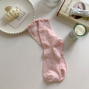 CADIAES ถุงเท้าลูกไม้ขด JK สีทึบ ผ้าฝ้ายแท้ ห้ายสี