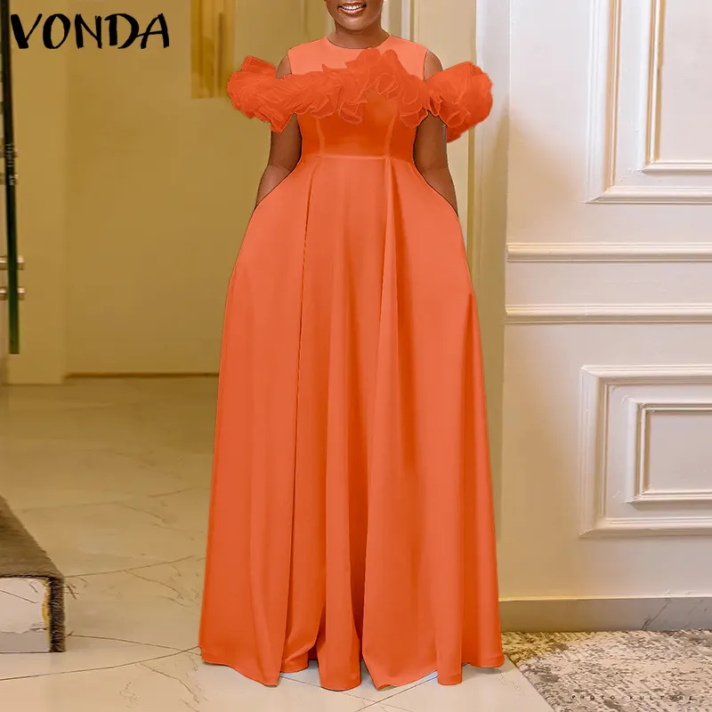 VONDA Women Elegant Crew Neck Ruffle Long Dress Fashion Pocket X-Shaped  Dresses (Plus Size)