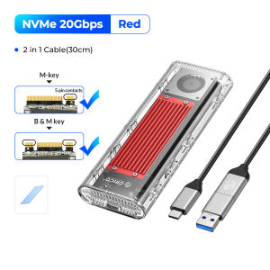 M2 ORICO เคส SSD NVME SSD Enclosure Tool ฟรี20Gbps 2 In 1 Type C กับ Usba/ USB C กล่องใส่ฮาร์ดดิสก์ใสรองรับ UASP Trim พัดลมทำความเย็น