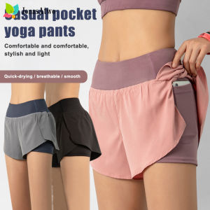 【Available Stock hot Sale】Women Sport Running Shorts Quick Dry High Elasticity Double Layer Yoga Shorts with Phone Pocket for Fitness Training