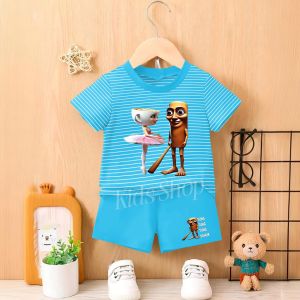 Setelan Baju Kaos Kombinasi Salur untuk anak Laki perempuan Motif BALLERINA & Tung Tung Usia 1-8 Thn