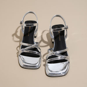 IELGY sandals womens new fashion temperament silver word with thick heel high heel