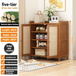 Cream Style Cabinet Bamboo 2/3/4Doors 7Layers Rattan Door Breathable Bamboo Shoe Cabinet Rack