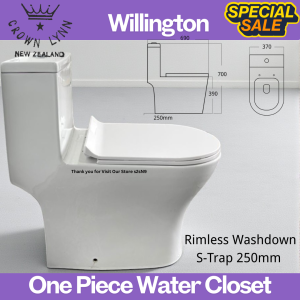 Crown Lynn Willington One Piece Water Closet Rimless Washdown S-Trap 250mm Come with PP Soft Close Seat Cover