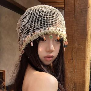 DGFDF Large Head Size Shell Charm Wrap Beanie Thin Lightweight Fringe Skullcap Y2K Breathable Hollow Out Slouchy Hat Spring Summer