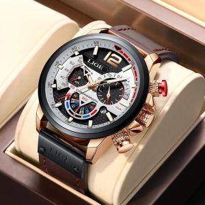 LIGE New Fashion Men Watch Date Quartz Wristwatch Leather Watch For Men Sport Waterproof Chronograph+Box
