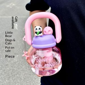 JJT Cute Panda Design Kids Water Bottle with Dual Drinking Function Portable Straw Cup for Outdoor and Daily Use