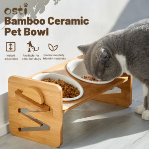 Slanted Adjustable Ceramic Dog and Cat Bowl with Bamboo Stand Non-Spill Food and Water Bowl for Cats and Puppy