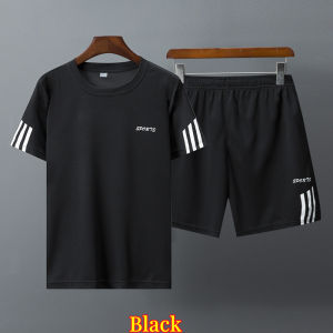 Mens shirt sports suit summer new Korean fashion trend short-sleeved T-shirt sweat-absorbing quick-drying red green gray and black shorts two-piece set