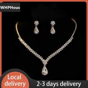 [COD] WHPHous Ship within 24 hours 1Set Bridal Necklace Earrings Water Drop-shaped Rhinestone Jewelry Style Sparkling Jewelry Set For Wedding Party Gift