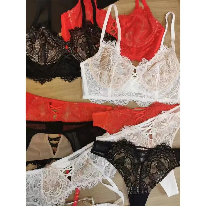 French Women's Underwear Set Lace Embroidery Bras Sexy Push Up Bralette  Deep V Bra+Garters+Thong 3 Piece Gathered Lingerie Set