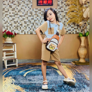 Baju setelan pendek 2-12 Tahun daily anak perempuan cringkel airflow crinkcle premium saku dua polos