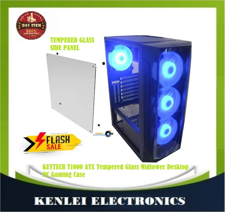 Keytech T1000 KEYTECH T1000 ATX Tempered Glass Midtower Desktop PC Gaming Case ...