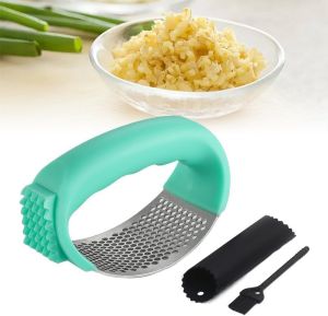 2025 New Upgraded Garlic Press Rocker Stainless Steel Presser Mincer Crusher Masher With Peeler and Cleaning Brush Chopper for Smash Kitchen Gadgets Tools (Black)