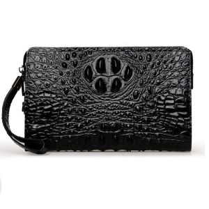 Ví bóp cầm tay da vân cá sấu khóa số 2 ngăn  có dây đeo cổ tay (Nâu - Đen)