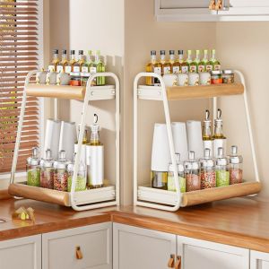 ADAM Solid Wood Seasoning Stand Double-Layer Tall Bottle Compatible Kitchen Organizer Vintage Non-Slip Spice Rack Countertop Organizer