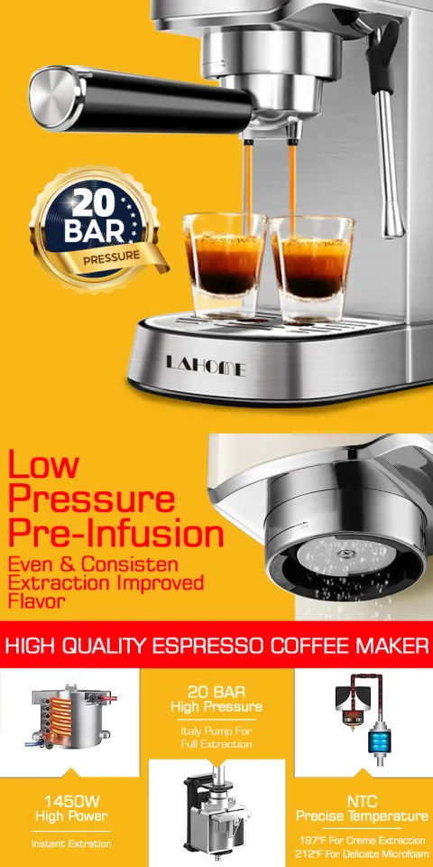 Lahome Espresso Coffee Maker Machine 20Bar Italian Pump Rich Crema