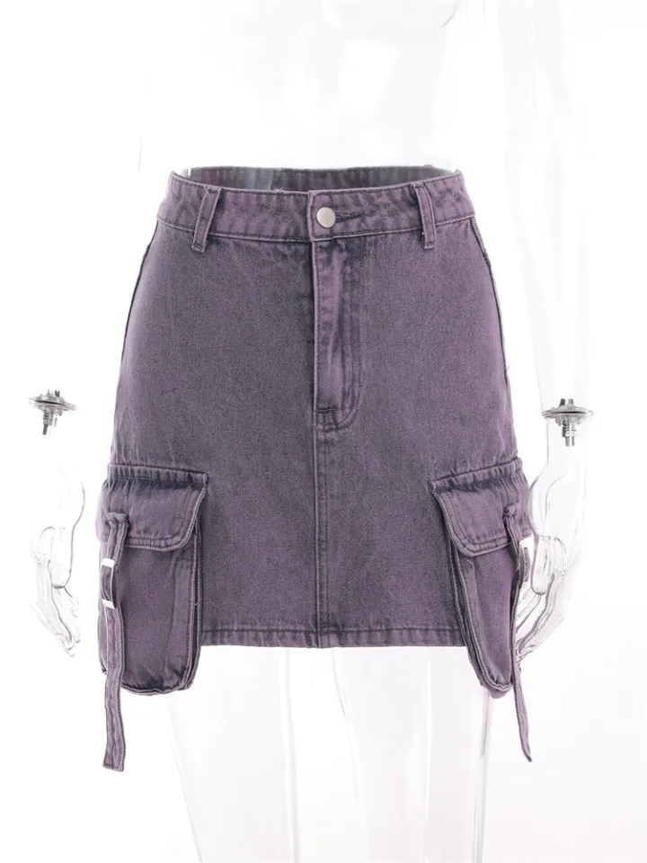 Inwoman Purple Zipper Fly Denim Mini Skirt Club Outfits For Women