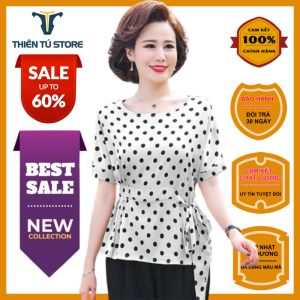Áo kiểu nữ trung niên sang trọng Thiên Tú Store chất voan chấm bi cổ tròn tay ngắn dáng suông kiểu áo cột trước mặc dịp thường ngày sản xuất tại việt nam Lz.01336