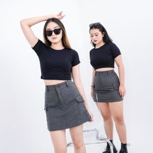 Rok Cargo Pendek Wanita Pinggang Karet Belakang Melar Elastis Bahan American Drill Tebal Korea Style