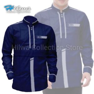 Hilwa Store Pekalongan - Baju Koko Pria Motif Kombinasi Lengan Panjang Fashion Muslim Khatulistiwa Warna Navy Putih Ukuran S M L XL XXL Jumbo Matt Katun Toyobo