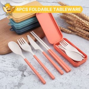 HG 4PCS Set Reusable Folding Wheat Straw Cutlery Set: Portable & Eco-Friendly