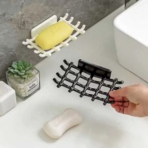Creative Grid Soap Holder with Hook Wall Mounted Punch Free Soap Dish Bathroom Spong Self Draining