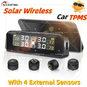 TPMS Car Tire Pressure Monitoring System Alarm Solar/USB Charging Smart Car with 4 External Sensors LCD Display