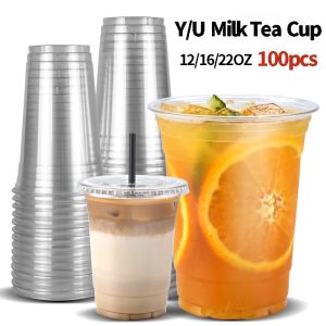 [100pcs]Plastic Y/U 95mm Milk Tea Cups With Flat/Dome/Strapless Lids Set (12oz 16oz 22oz)