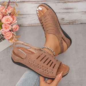 [Free Shipping] Summer New Vintage Sandals For Women Large Size Peep-Toe Hollow Wedge Sandals Casual Outdoor Wear Thick-Soled Sandals For Women