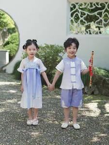 ชุดฮั่นฟูฤดูร้อนสำหรับเด็กชายและเด็กหญิง ชุดนักเรียนฮั่นฟู ชุดโบราณสำหรับเด็กชายและเด็กหญิง ชุดการแสดงวันเด็กอนุบาล