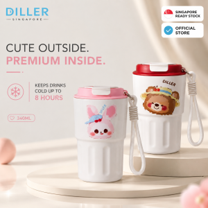DILLER 340ml Insulated Coffee Cup 304 Stainless Steel Travel Mug Portable Cold Cup with Strap Cute Bunny Bear Design