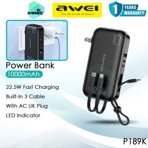 Awei P189K 10000mAh Powerbank with AC Plug 22.5W Fast Charging Power Bank Built-In Cable Bank Kuasa Awei Powerbank