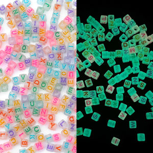 50-100Pcs 4x7mm Luminous Letter Beads Acrylic Square Round Flat Peach Heart Beads Glow In The Dark Loose Spacer Beads For DIY Couple Bracelet Jewelry Making