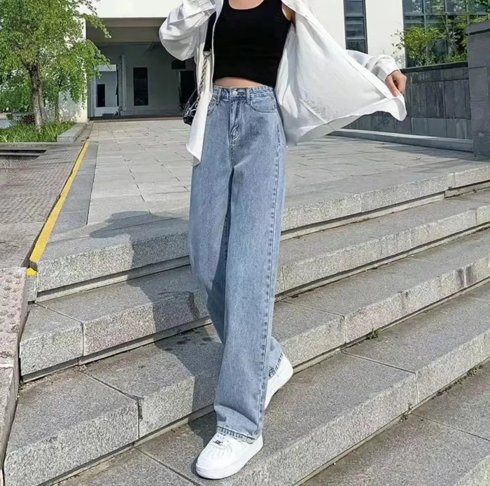 #Korean Trendy Jeans Fashion High waist WIDE LEG STRAIGHT CUT Boyfriend  PANTS HIGH WAIST JEANS for Women Womenswear Bottom