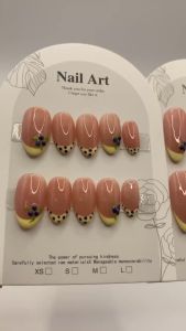 Cute Blueberry Press On Nails Short Round Handmade Fake Nails Yellow French Tip Polka Dot Nude Reusable False Nails