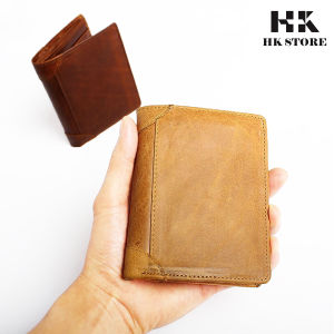 Ví đứng nam da bò HK STORE da bò thật 100% và lót da cao cấp kiểu dáng nhỏ gọn tay siêu tiện lợi