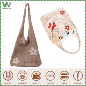 Floral Shoulder Bag Lightweight Tote Bag Large Aesthetic Knit Purse for Women