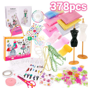 378 Pcs Fashion DESIGNER KIT FOR GIRLS Creativity DIY Arts Crafts Kit with Fashion Design Sketchbook DIY Princess Clothes Sewing KIT FOR TEEN Girls Birthday Gift Childrens Handmade Clothing Design Material Pack
