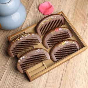 DOWNA Gold Branches Sandalwood Hair Comb Thickened Pink Plum Blossom Hair Brush Gold Sandalwood Head Massage Comb Hair Styling Tool