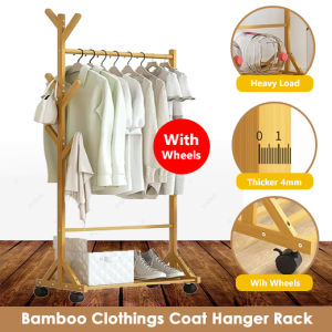 🇸🇬 Space-saving corner coat rack for home bedroom floor-standing coat rack simple corner hanging rack storage shelf / Bamboo Clothes Rail on Wheels