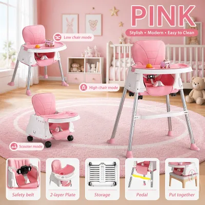 PlayPark High Chair for Baby Feeding Adjustable Height baby chair with Removable Legs Belt 4 Wheels