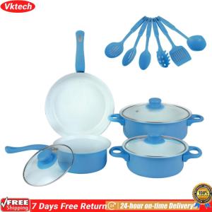 【Ready】【Vktech】 12Pcs Non Stick Cookware Set Cooking Pot with Lid Milk Pot Maifan Stone Frying Pan Stackable Pot Set for All Types of Cooker