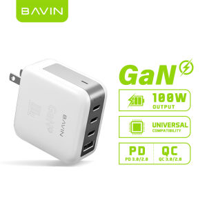 BAVIN PC918 100W GaN Super Fast Charger 4 Charging Ports QC 3.0 & PD Fast Charging USB-C Adapter for Laptop & Phones