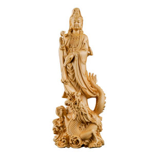 Dragon Guan Yin Statue - Handmade Wooden Buddha Sculpture Exquisite Chinese Dragon Wood Carving Perfect for Home Decor or Feng Shui Symbolizing Compassion Strength and Protection in Your Living Space