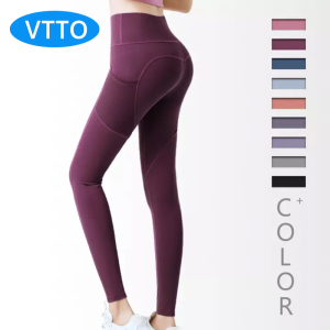【With Pocket】VTTO Women Yoga Pants Solid Color Gym Leggings High Waist  Hip Lifting Tummy Control Running Fitness pants