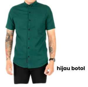 KEMEJA POLOS PRIA AYAH DAN ANAK WARNA HIJAU BOTOL COTTON BAJU LENGAN PENDEK REGULER MENS BASIC